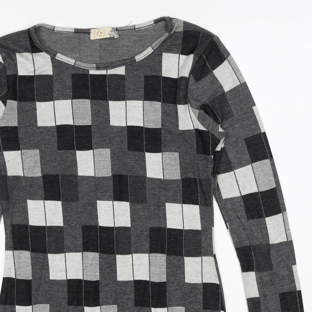 Silk Womens Grey Geometric Polyester Shift Size 10 Round Neck Pullover