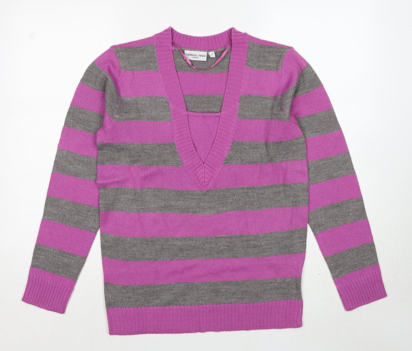 Carroll Reed Womens Purple V-Neck Striped Acrylic Pullover Jumper Size M