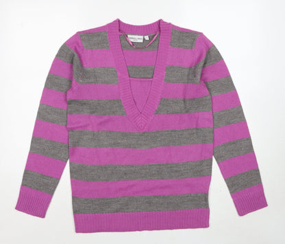 Carroll Reed Womens Purple V-Neck Striped Acrylic Pullover Jumper Size M