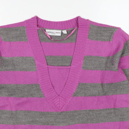 Carroll Reed Womens Purple V-Neck Striped Acrylic Pullover Jumper Size M