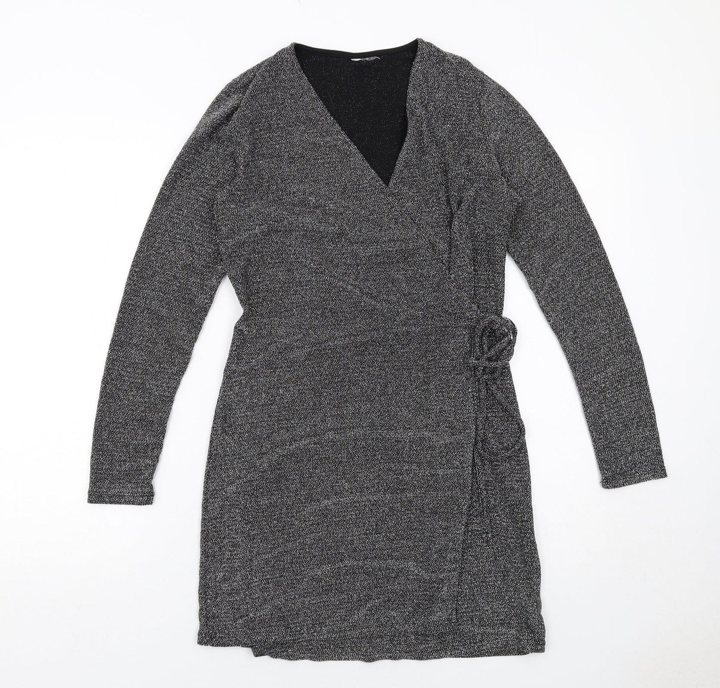 H&M Womens Grey Polyamide Wrap Dress Size M V-Neck Tie