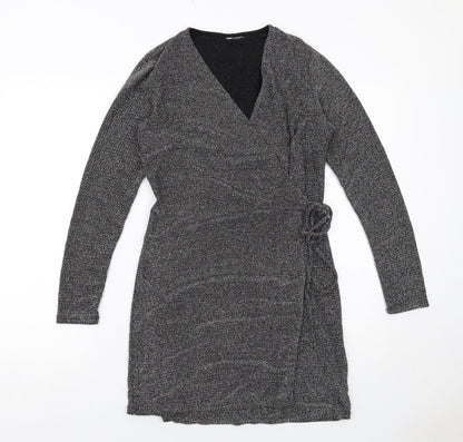 H&M Womens Grey Polyamide Wrap Dress Size M V-Neck Tie