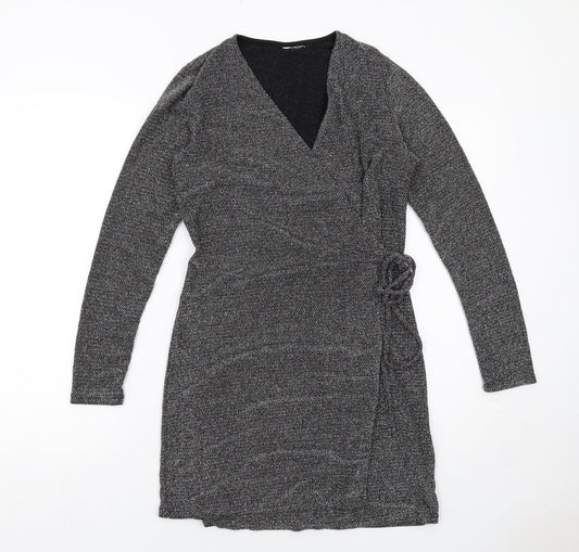 H&M Womens Grey Polyamide Wrap Dress Size M V-Neck Tie