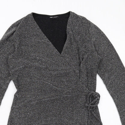 H&M Womens Grey Polyamide Wrap Dress Size M V-Neck Tie