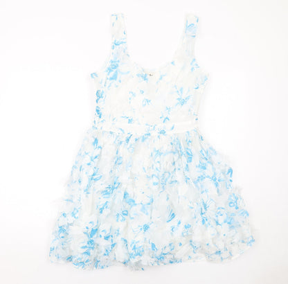 Miss Selfridge Womens White Geometric Cotton A-Line Size 12 V-Neck Zip - Flower Detail