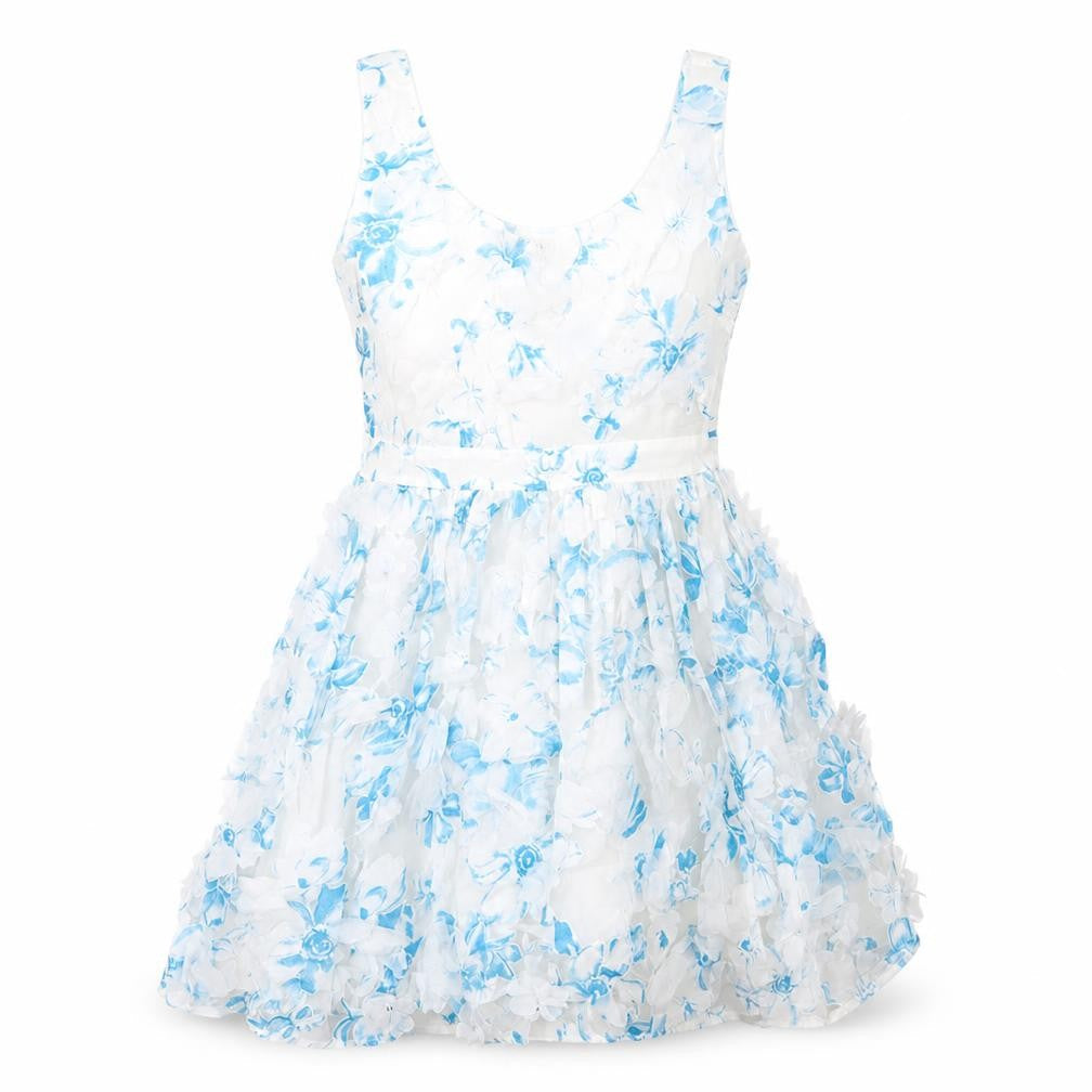 Front view of Miss Selfridge women’s white geometric cotton a-line, size UK 12, v-neck zip - flower detail