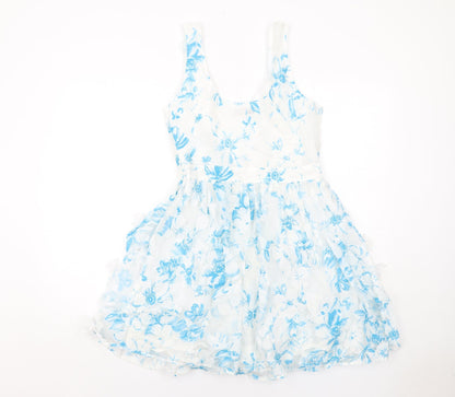 Miss Selfridge Womens White Geometric Cotton A-Line Size 12 V-Neck Zip - Flower Detail