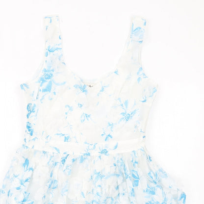 Miss Selfridge Womens White Geometric Cotton A-Line Size 12 V-Neck Zip - Flower Detail