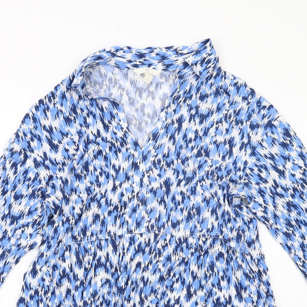 H&M Womens Blue Geometric Viscose Shirt Dress Size S Collared Pullover