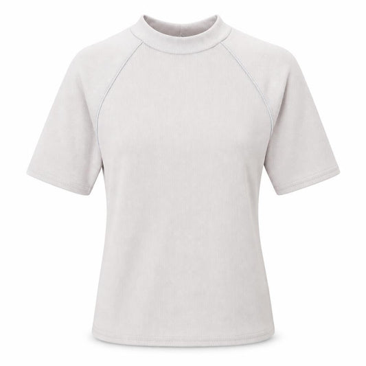 Front view of ASOS women’s grey polyester basic t-shirt, size UK 12, mock neck