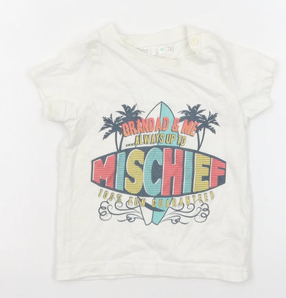 M&Co Boys White Cotton Pullover T-Shirt Size 2-3 Years Crew Neck Button - Mischief