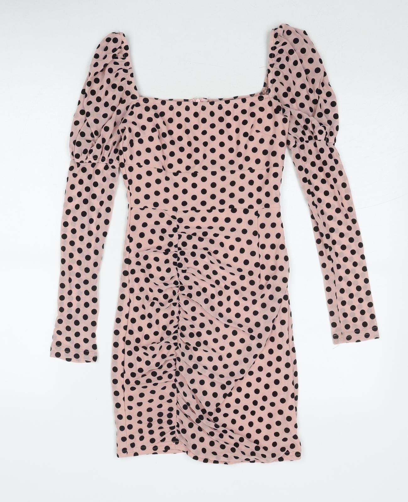 Quiz Womens Pink Polka Dot Polyester Bodycon Size 8 Square Neck Zip