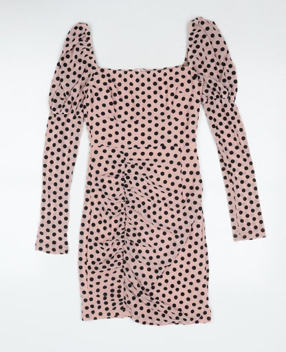 Quiz Womens Pink Polka Dot Polyester Bodycon Size 8 Square Neck Zip