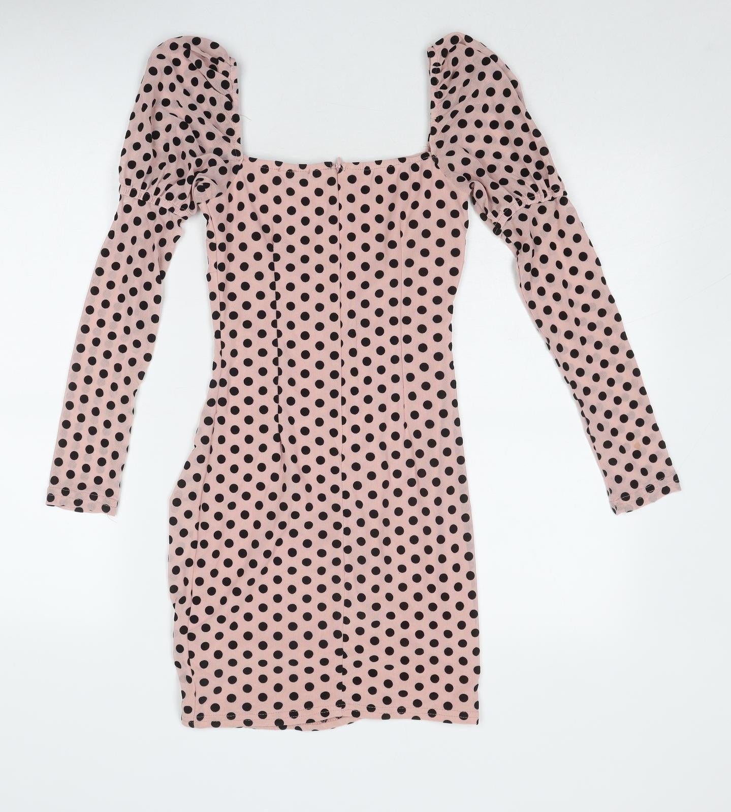 Quiz Womens Pink Polka Dot Polyester Bodycon Size 8 Square Neck Zip