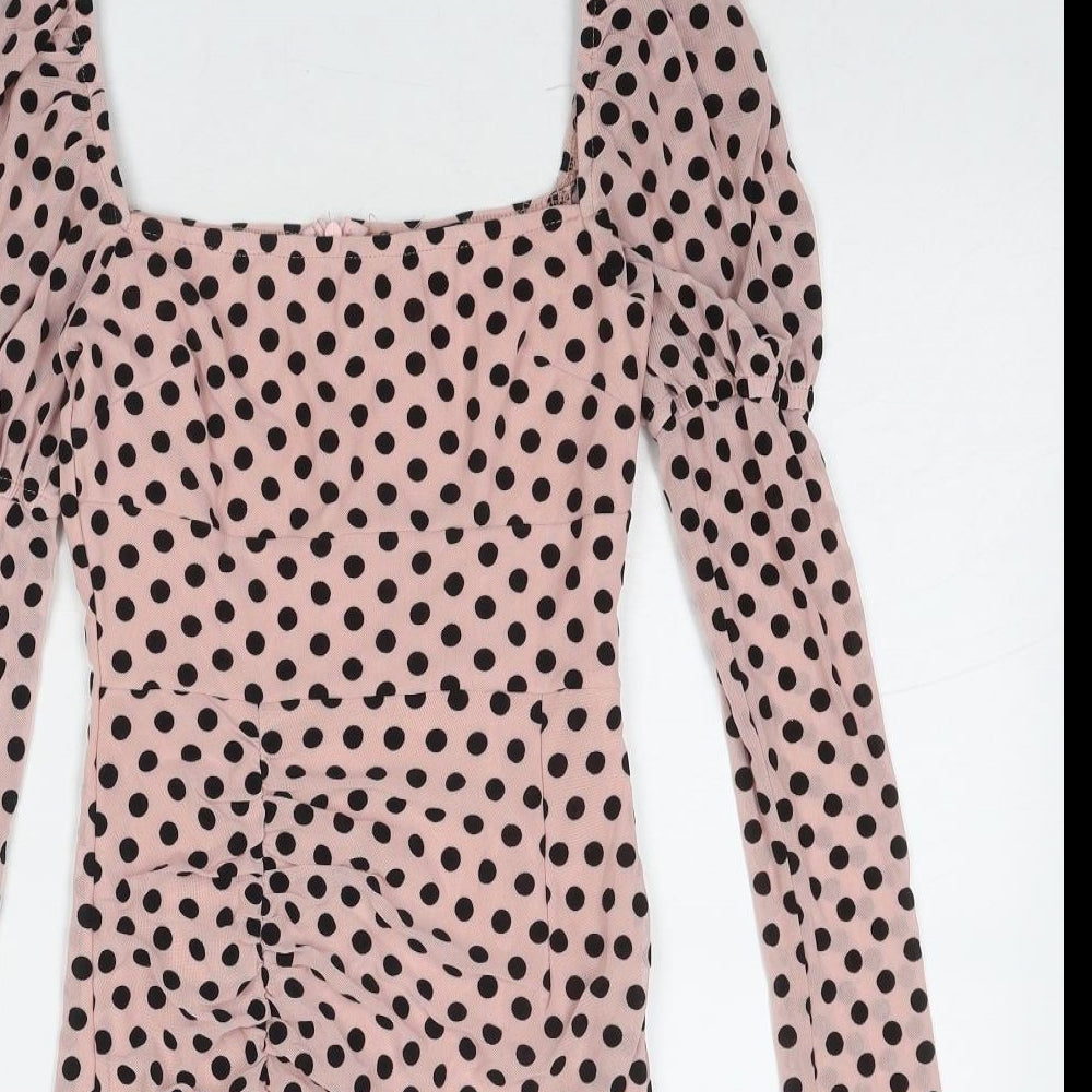 Quiz Womens Pink Polka Dot Polyester Bodycon Size 8 Square Neck Zip
