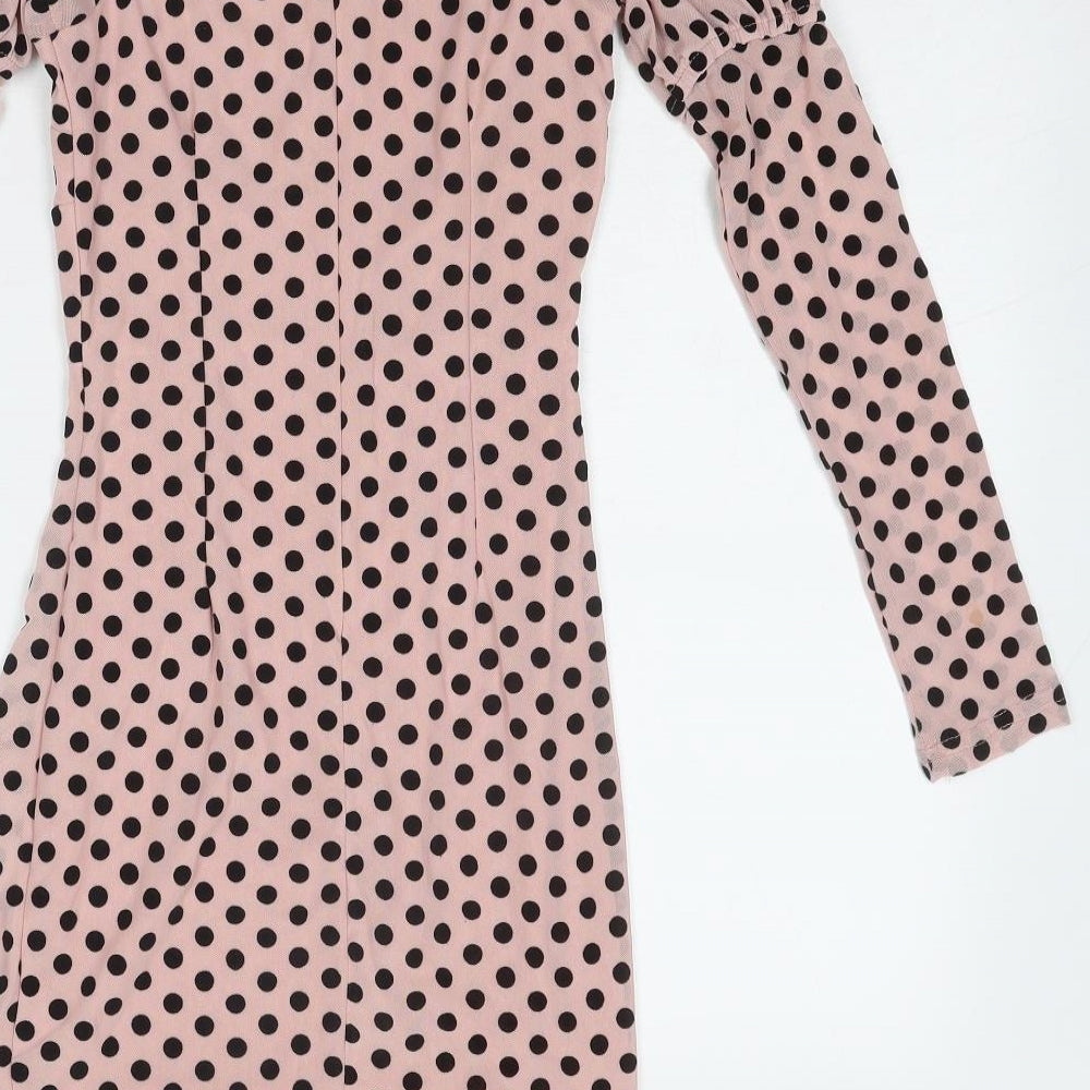 Quiz Womens Pink Polka Dot Polyester Bodycon Size 8 Square Neck Zip