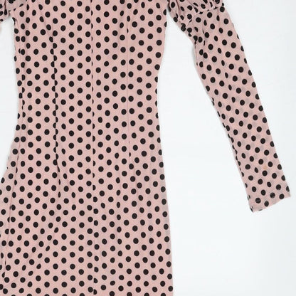 Quiz Womens Pink Polka Dot Polyester Bodycon Size 8 Square Neck Zip
