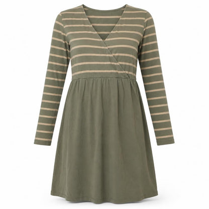 Mama-licious Womens Green Striped Cotton A-Line Size M V-Neck Pullover