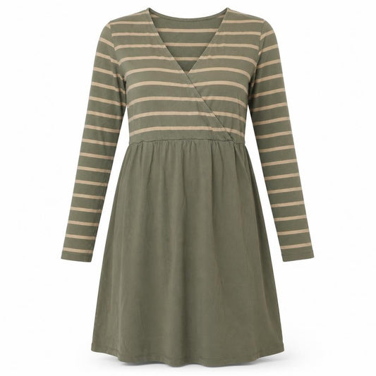 Mama-licious Womens Green Striped Cotton A-Line Size M V-Neck Pullover