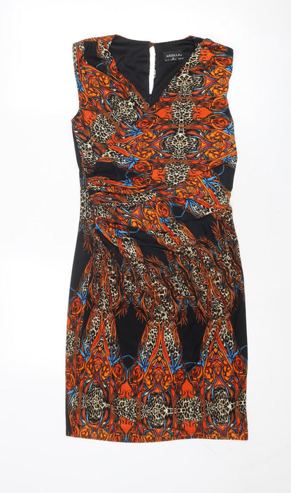 Ariella Womens Multicoloured Geometric Polyester A-Line Size 10 V-Neck Button
