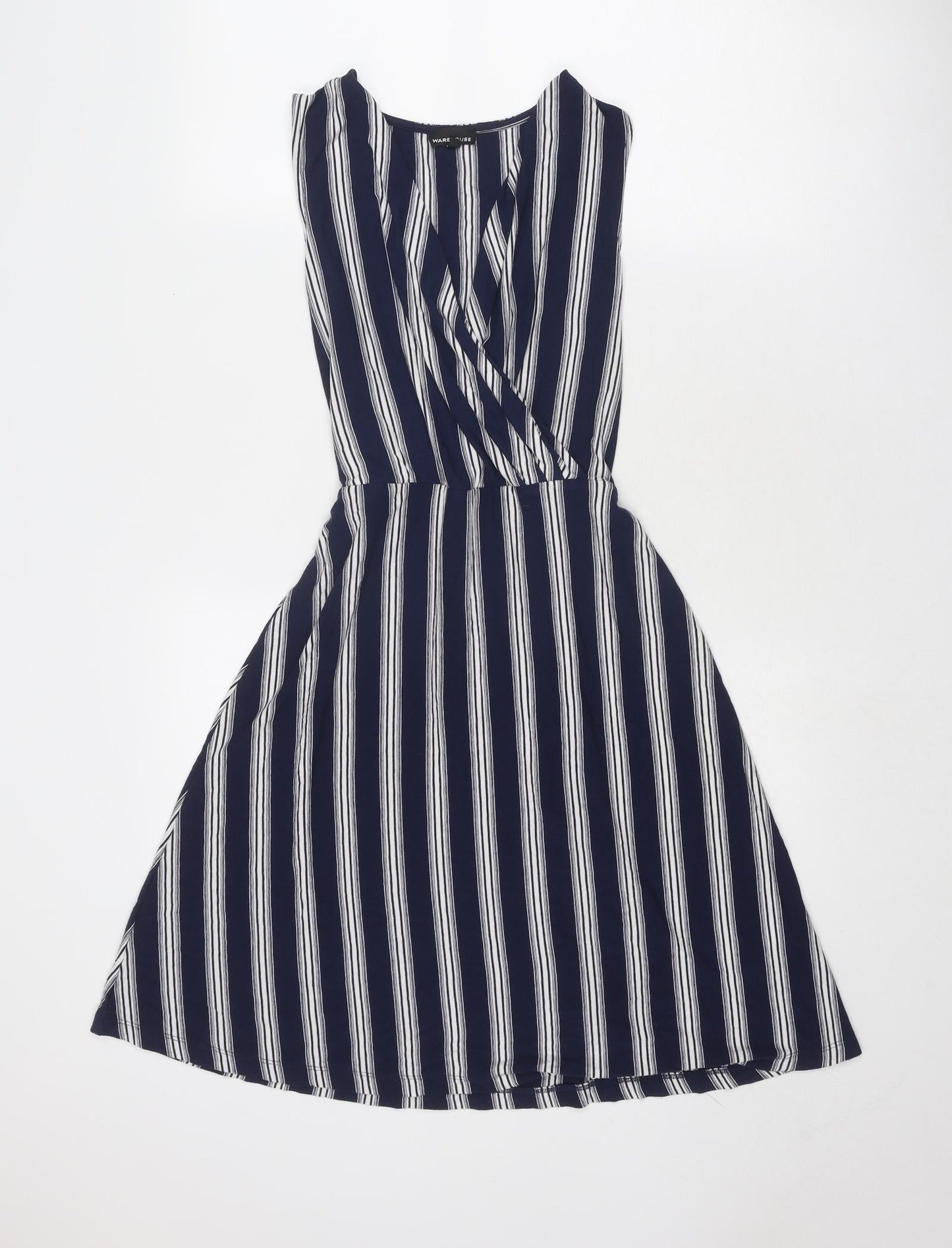 Warehouse Womens Blue Striped Viscose Trapeze & Swing Size 8 V-Neck Pullover