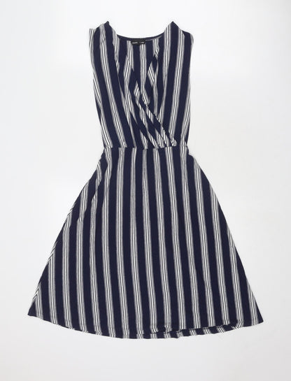 Warehouse Womens Blue Striped Viscose Trapeze & Swing Size 8 V-Neck Pullover