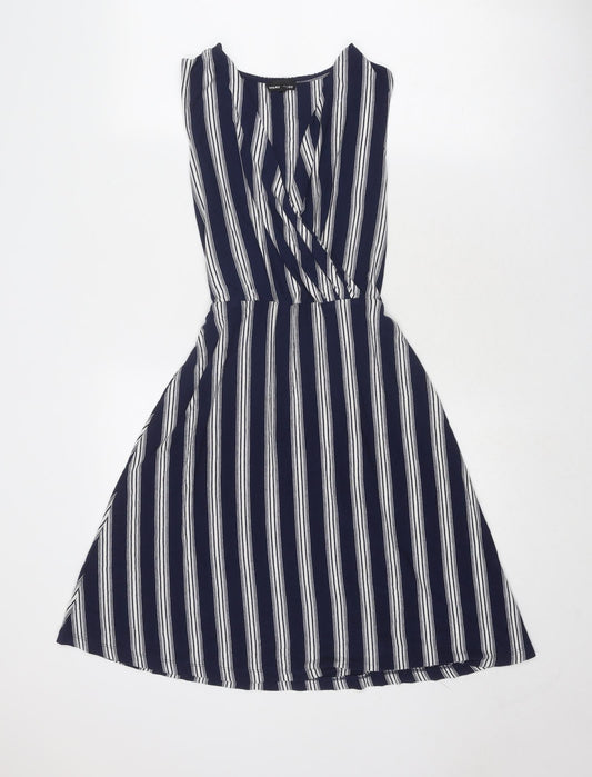Warehouse Womens Blue Striped Viscose Trapeze & Swing Size 8 V-Neck Pullover