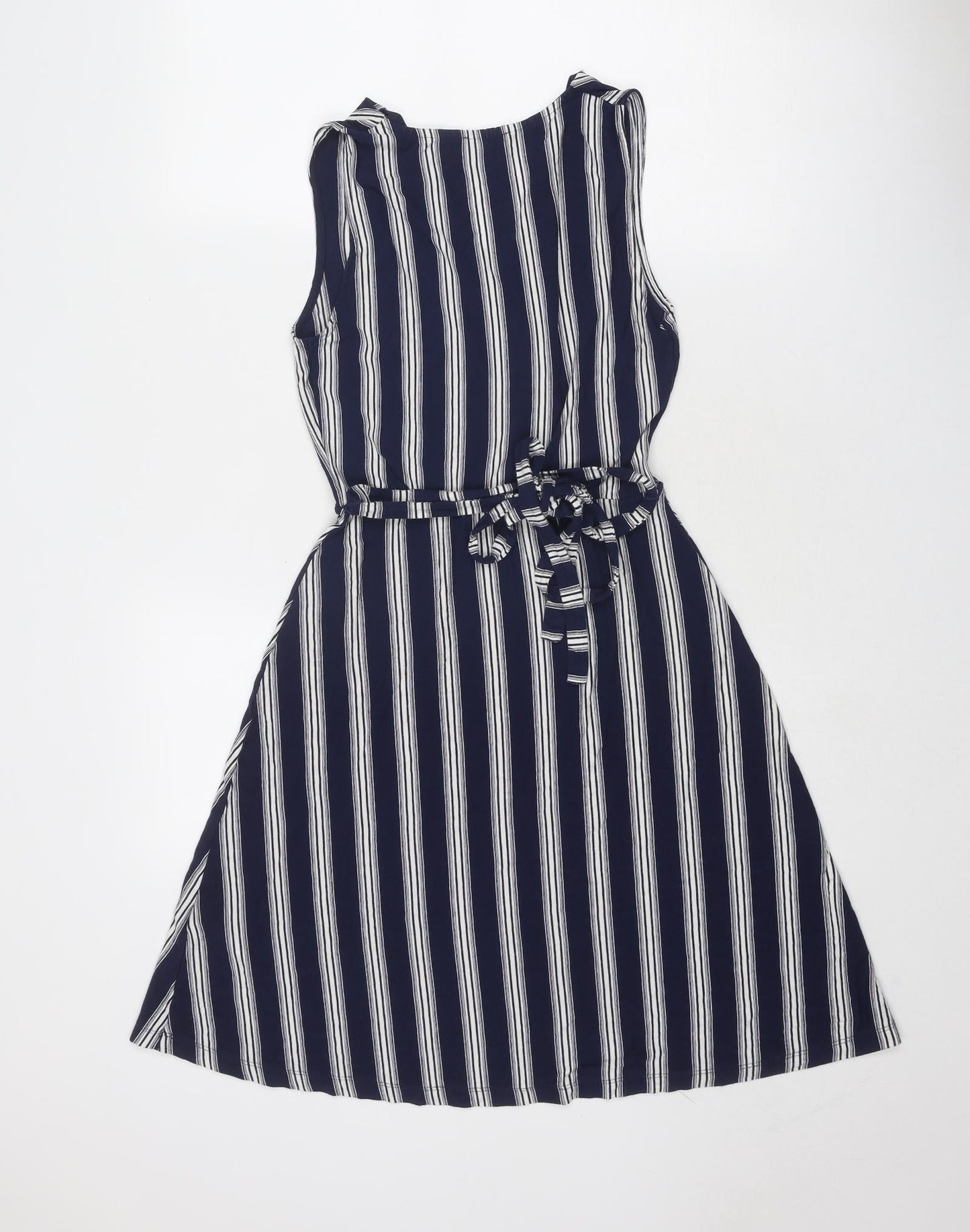 Warehouse Womens Blue Striped Viscose Trapeze & Swing Size 8 V-Neck Pullover