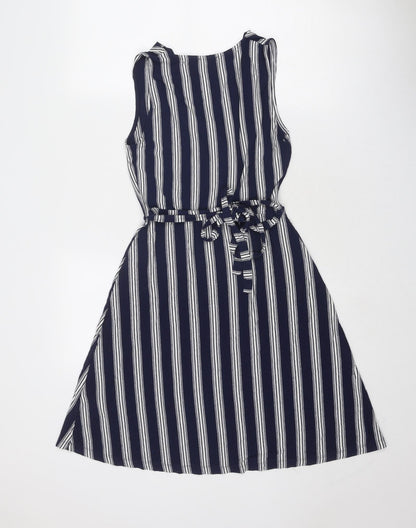 Warehouse Womens Blue Striped Viscose Trapeze & Swing Size 8 V-Neck Pullover