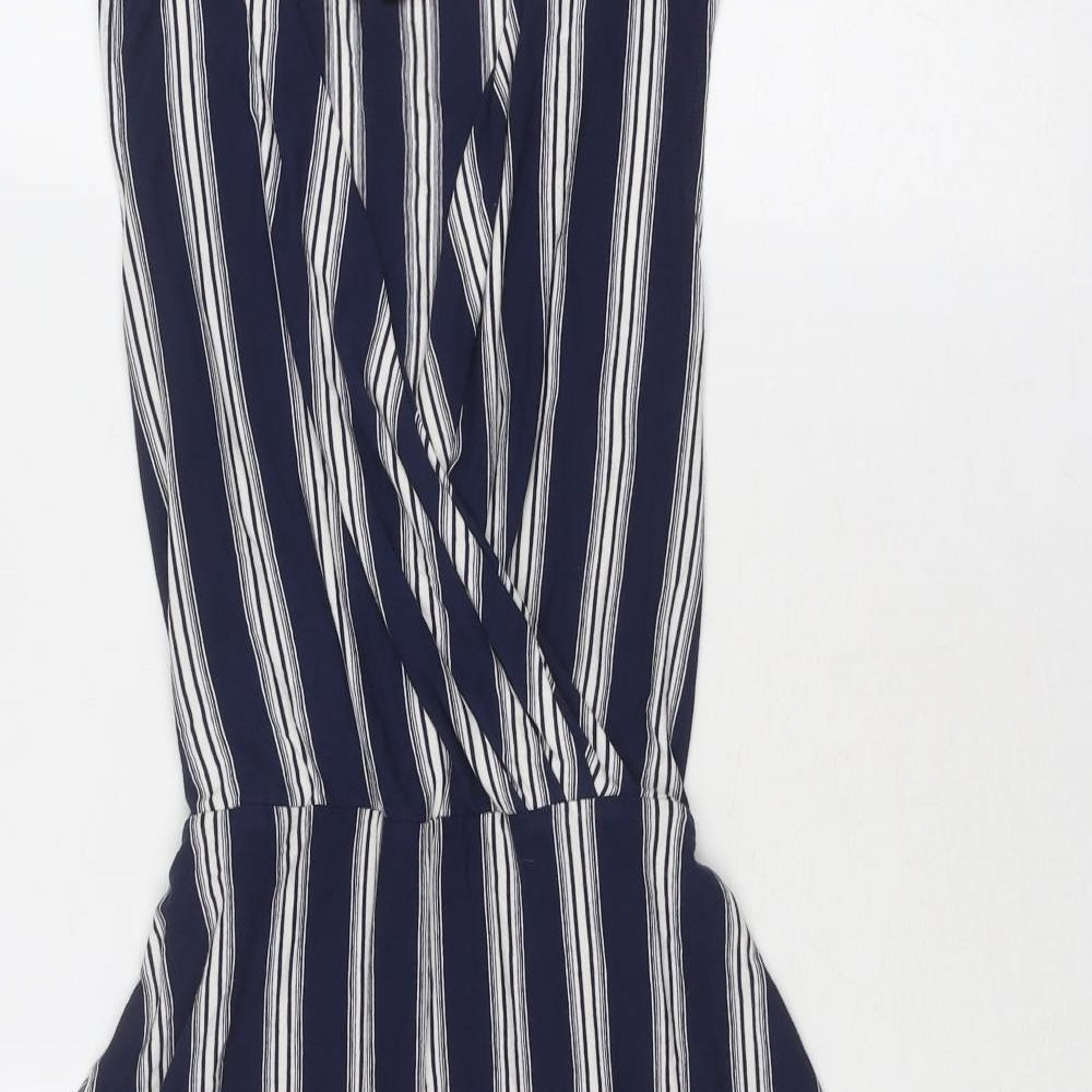 Warehouse Womens Blue Striped Viscose Trapeze & Swing Size 8 V-Neck Pullover