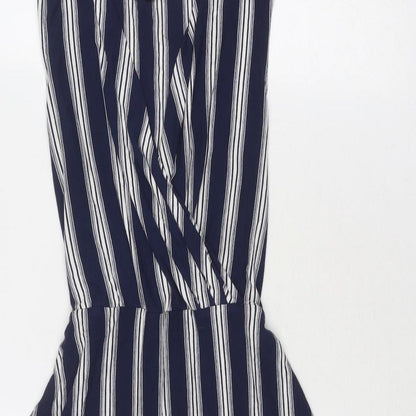 Warehouse Womens Blue Striped Viscose Trapeze & Swing Size 8 V-Neck Pullover