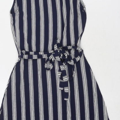 Warehouse Womens Blue Striped Viscose Trapeze & Swing Size 8 V-Neck Pullover