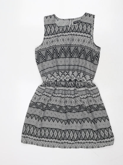 Select Womens Black Geometric Polyester Skater Dress Size 8 Round Neck Button