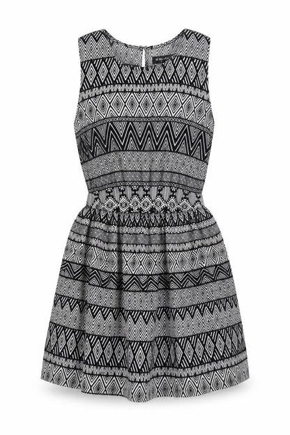 Select Womens Black Geometric Polyester Skater Dress Size 8 Round Neck Button
