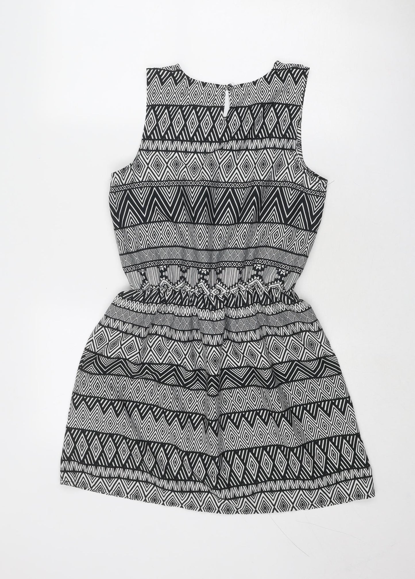 Select Womens Black Geometric Polyester Skater Dress Size 8 Round Neck Button