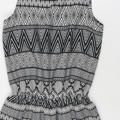 Select Womens Black Geometric Polyester Skater Dress Size 8 Round Neck Button