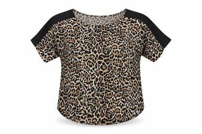 Marina Kaneva Womens Brown Animal Print Polyester Basic Blouse Size 8 Round Neck - Leopard Print