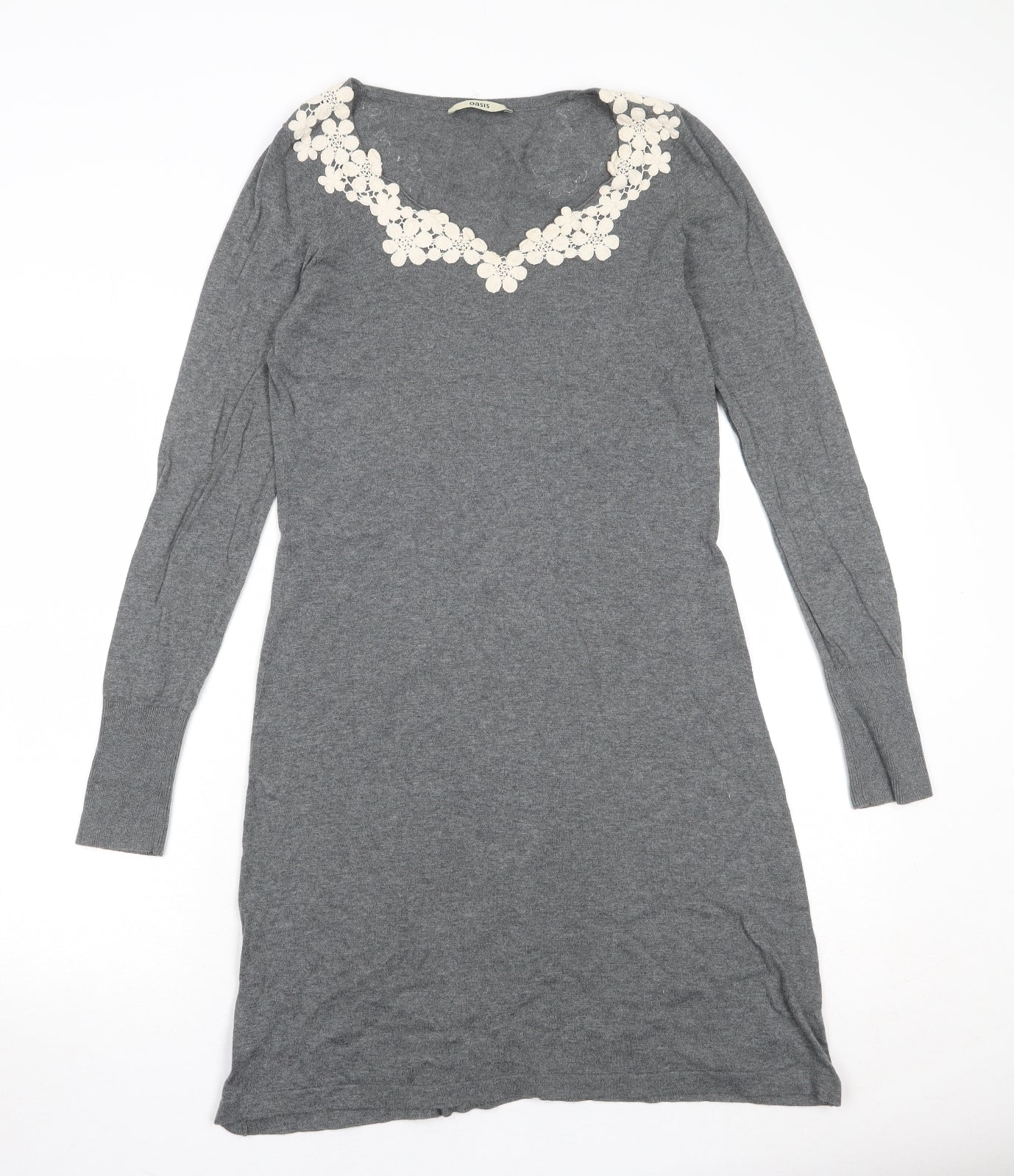 Oasis Womens Grey 100% Cotton A-Line Size M Round Neck Pullover - Flower Detail