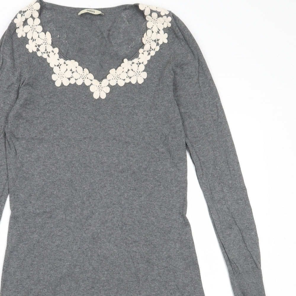 Oasis Womens Grey 100% Cotton A-Line Size M Round Neck Pullover - Flower Detail