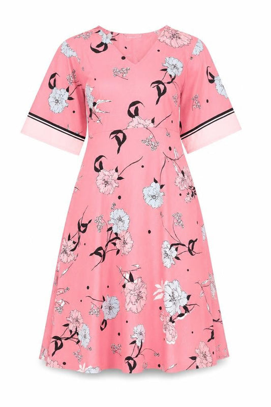 Front view of Principles women’s pink floral polyester a-line, size UK 10, v-neck pullover