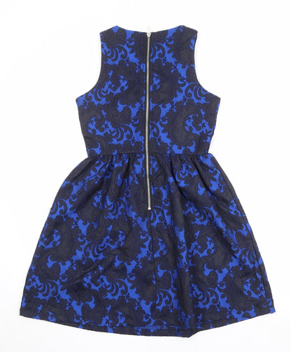 Glamorous Womens Blue Geometric Polyester Fit & Flare Size XS Round Neck Zip