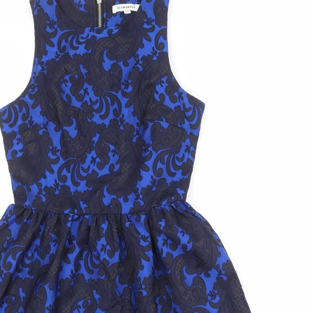 Glamorous Womens Blue Geometric Polyester Fit & Flare Size XS Round Neck Zip
