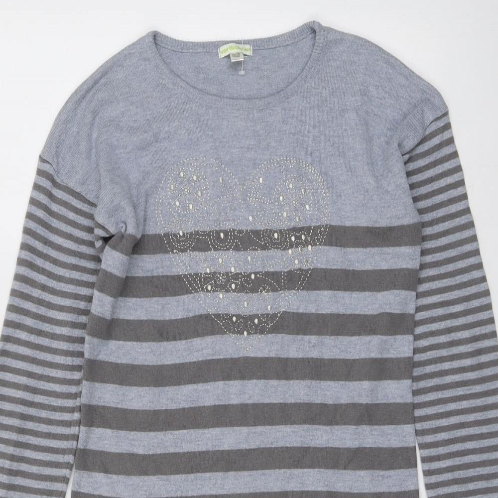 Vertbaudet Girls Grey Boat Neck Striped Acrylic Pullover Jumper Size 12 Years Pullover