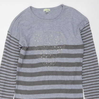 Vertbaudet Girls Grey Boat Neck Striped Acrylic Pullover Jumper Size 12 Years Pullover