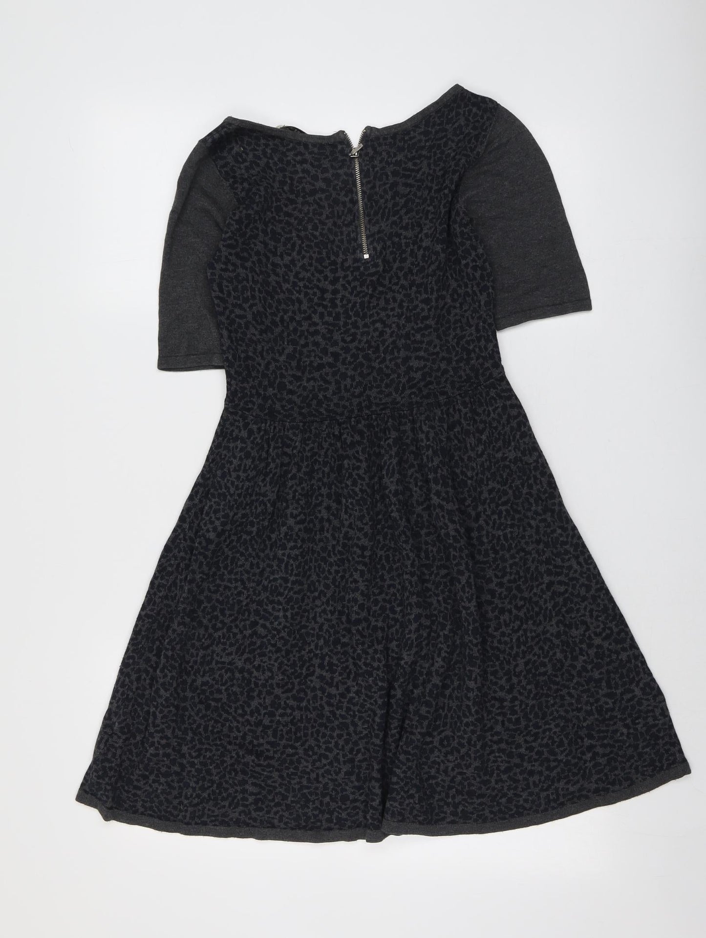 Oasis Womens Grey Animal Print Cotton Trapeze & Swing Size XS Round Neck Zip - Leopard Pattern