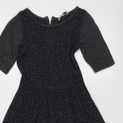 Oasis Womens Grey Animal Print Cotton Trapeze & Swing Size XS Round Neck Zip - Leopard Pattern