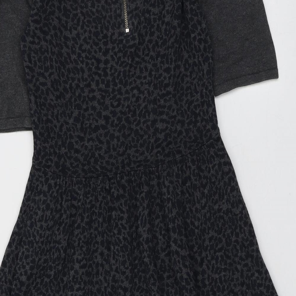 Oasis Womens Grey Animal Print Cotton Trapeze & Swing Size XS Round Neck Zip - Leopard Pattern