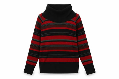 Front view of EMW women’s red roll neck striped acrylic jumper, size UK 10