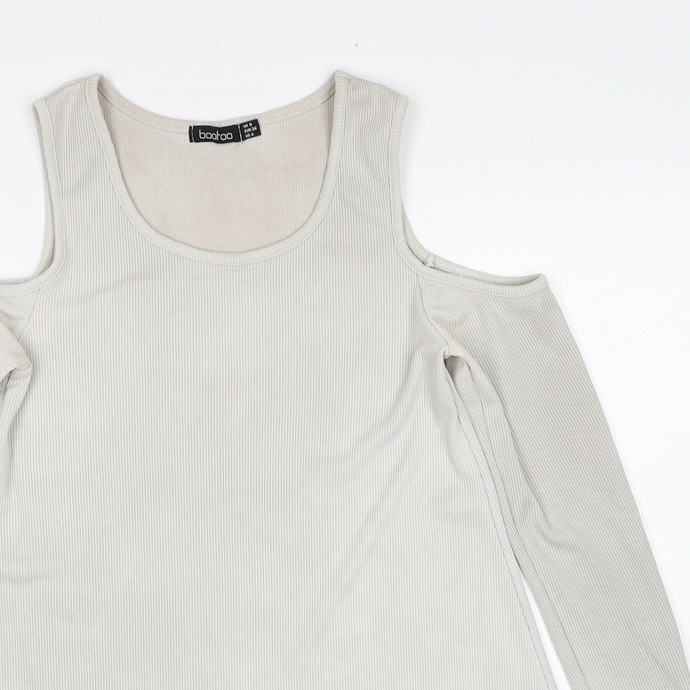 Boohoo Womens Grey Polyester Basic Blouse Size 8 Round Neck - Cold Shoulder