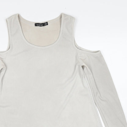 Boohoo Womens Grey Polyester Basic Blouse Size 8 Round Neck - Cold Shoulder